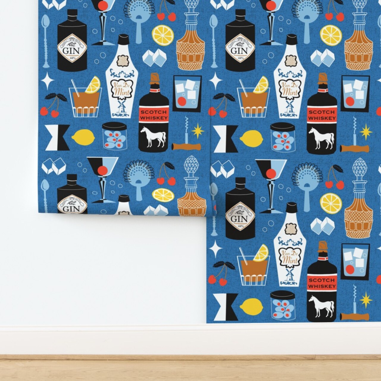 Retro Cocktails Bartending Novelty Mcm Midcentury Modern Spirits Bartender Olives Lemons Bar Cart Restaurant Kitchen Shot Glass Whiskey Gin Custom Pre-pasted Wallpaper by Spoonflower Pre-Pasted Wallpaper 2FT Wide